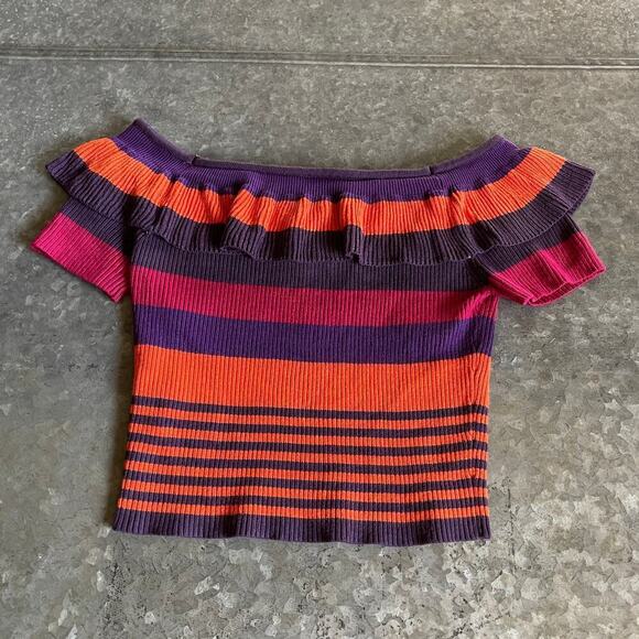 Urban Outfitters Kimchi Blue Riley Off Shoulder Ruffle Stripe Knit Top Medium - Picture 8 of 11